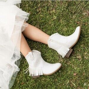 Dream Pairs Cowgirl Western Boots White Fringed Sz 2/6-7 years Girls Festive